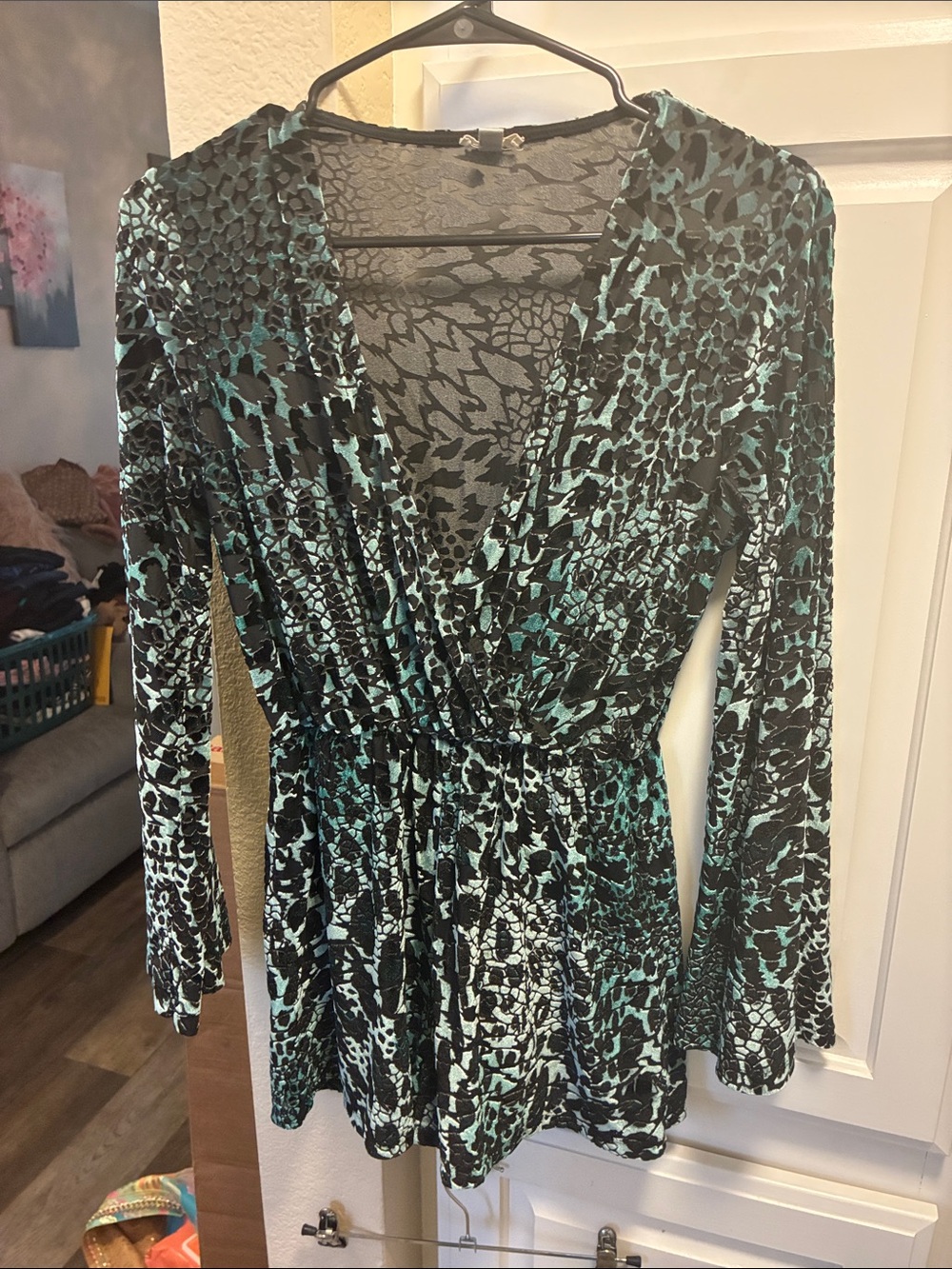 Ecote Black and Teal velvet shorts romper with long bell sleeves